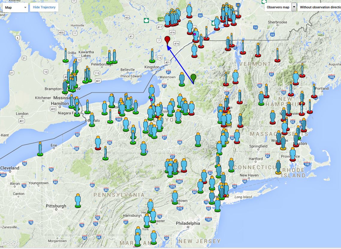 Map of witnesses of the June 16th, 2016 fireball, which crossed the USA - Canada border at 01h29 UT. Credit: IMO/AMS