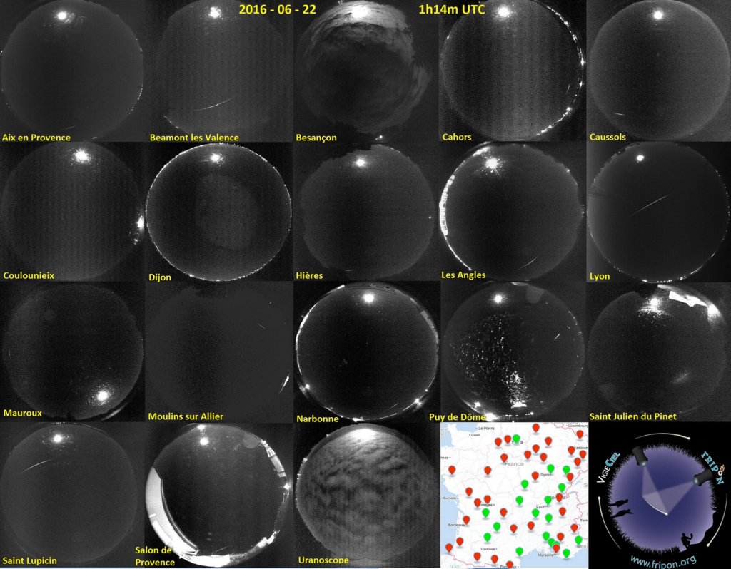 Mosaic of the 18 records of the June 22nd, 2016, 01h14 UT fireball on FRIPON video stations. Credit: FRIPON