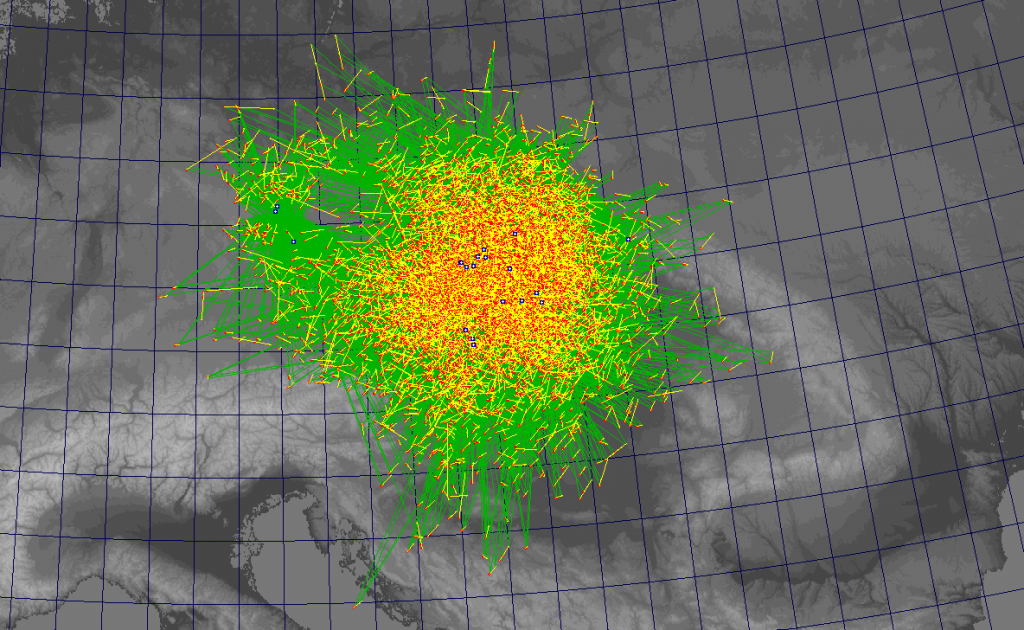 Figure 1: Ground map (central Europe) of all multi-station meteors registered by CEMeNt stations in 2016 (9 884 orbits). Overall stations positions are marked (blue circles).