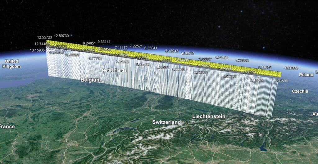 A view of the Earth from space, centred on Europe, showing the track of the meteor passing from Austria to England. The track is a straight line.